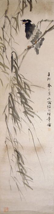 任颐(伯年)1891年作八哥杨柳立轴设色水墨纸本字画之家