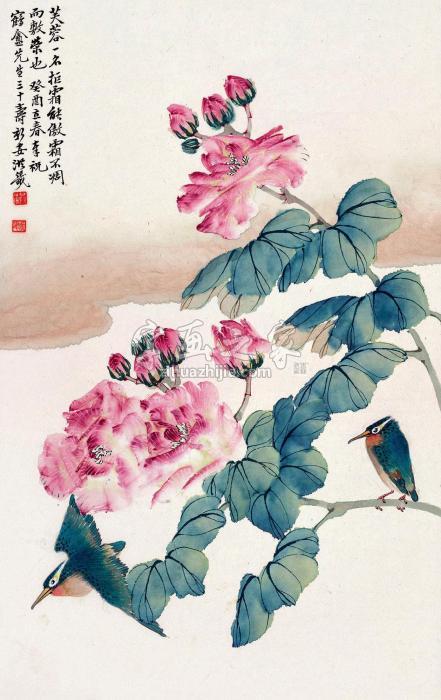 洪庶安1933年作花鸟立轴设色纸本字画之家