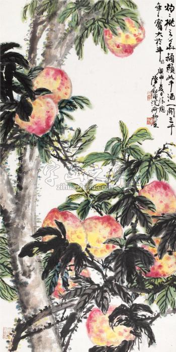 陆抑非庚申（1980）年作寿桃图镜片设色纸本字画之家