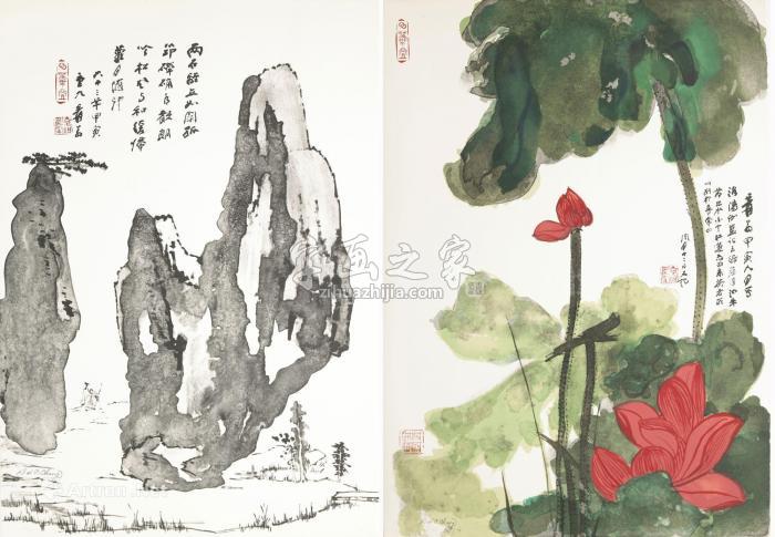 张大千1974-1975年作石刻版画（一套）设色石印纸本六幅字画之家