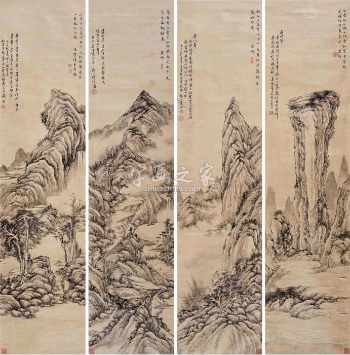 戴熙仿古山水四屏水墨纸本字画之家