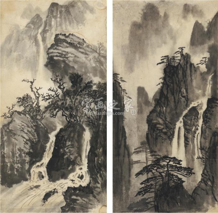 刘海粟黄岳飞涧图二种（二帧）画心水墨纸本字画之家