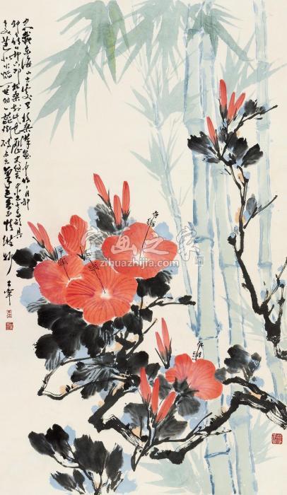 于希宁扶桑花开立轴设色纸本字画之家