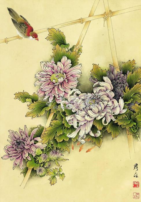 周彦生工笔花鸟镜心（片）设色纸本字画之家