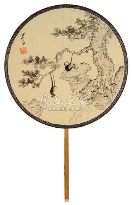 溥儒猴戏图团扇成扇水墨绢本字画之家