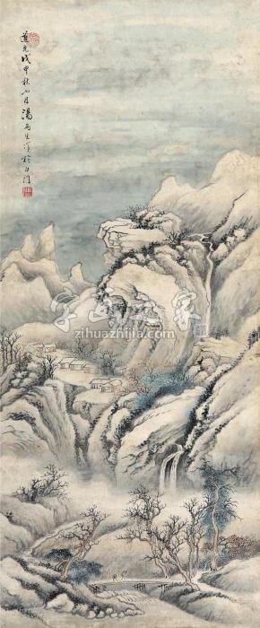 汤贻汾雪景山水镜片设色纸本字画之家