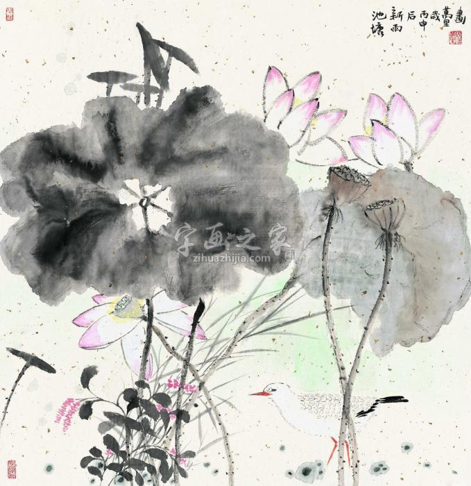 程万里池塘新雨后镜心（片）设色纸本字画之家