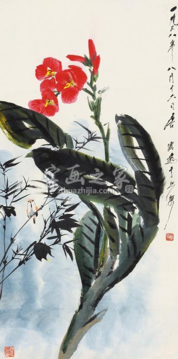 唐云1978年作蕉竹小雀立轴设色纸本字画之家