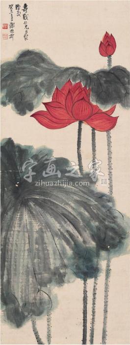 谢稚柳1943年作红荷玉立图立轴设色纸本字画之家