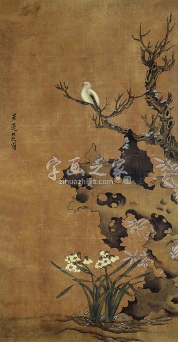 陈洪绶水山幽禽图立轴纸本字画之家