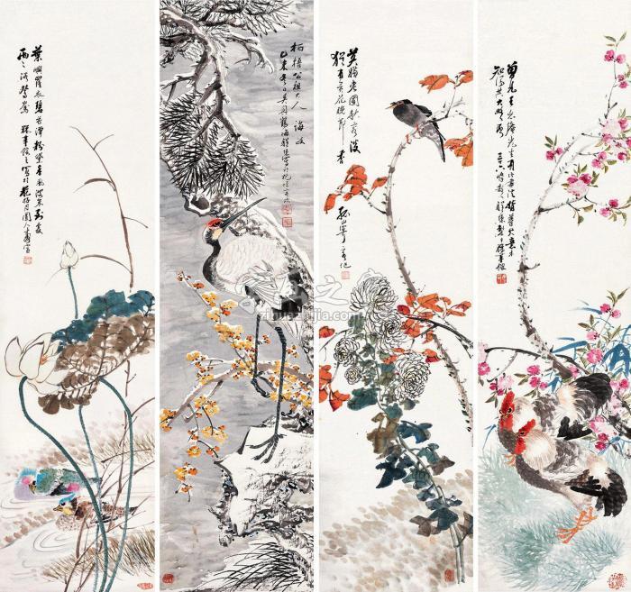程埙花鸟四屏设色纸本字画之家