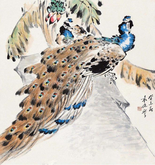 袁晓岑癸未（2003）年作孔雀图立轴设色纸本字画之家