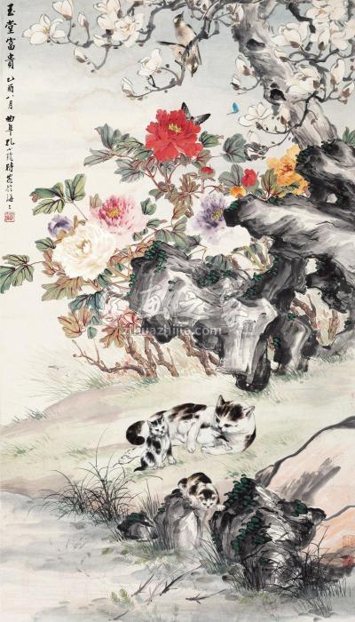 孔小瑜乙酉（1945）年作玉堂富贵立轴设色纸本字画之家