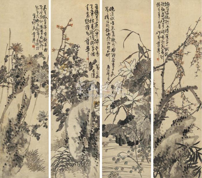 蒲华花卉四屏设色纸本字画之家