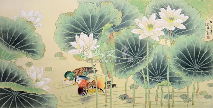 喻继高荷花鸳鸯图镜片设色纸本字画之家