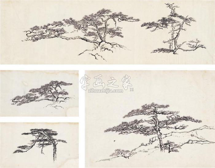 刘海粟早期松树四种（四帧）画心水墨纸本字画之家