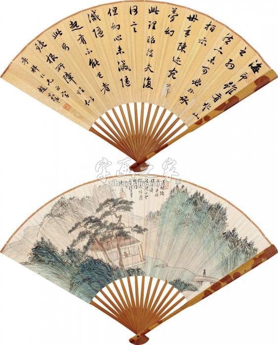 溥儒赵叔孺平林秋色行书成扇设色纸本字画之家