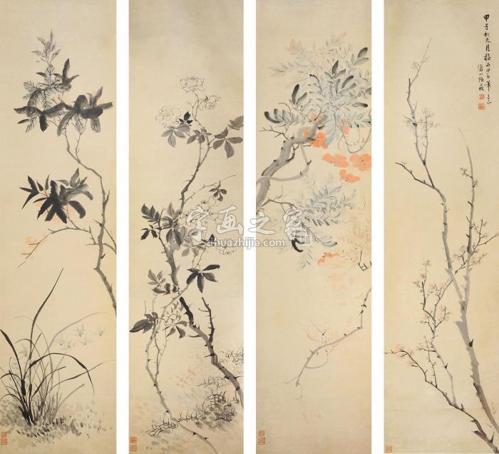张百禄花卉四屏立轴纸本字画之家