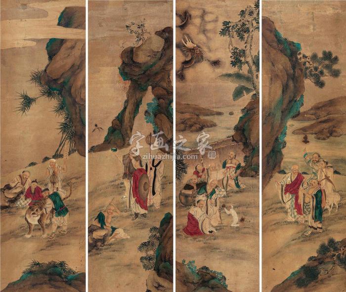 佚名十八罗汉四屏设色纸本字画之家