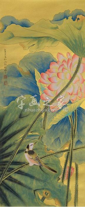 任重荷花小鸟立轴纸本字画之家