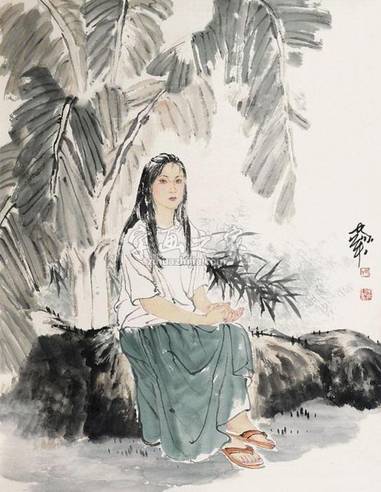 何家英蕉下女孩立轴纸本字画之家