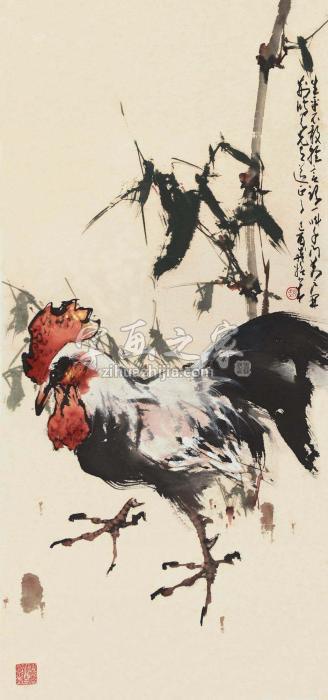 赵少昂己酉（1969）年作雄鸡图镜片设色纸本字画之家