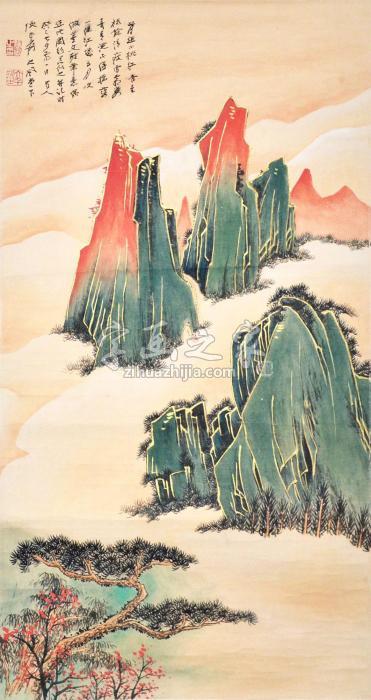 张大千ZhangDaqian1953年作金碧山水立轴设色水墨纸字画之家