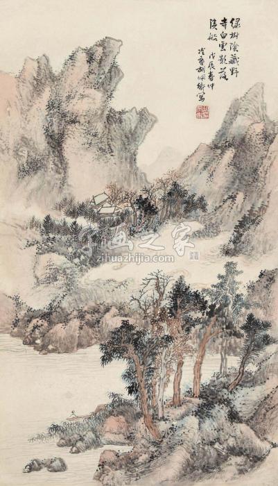 胡佩衡戊辰（1928）年作绿阴野寺立轴设色纸本字画之家