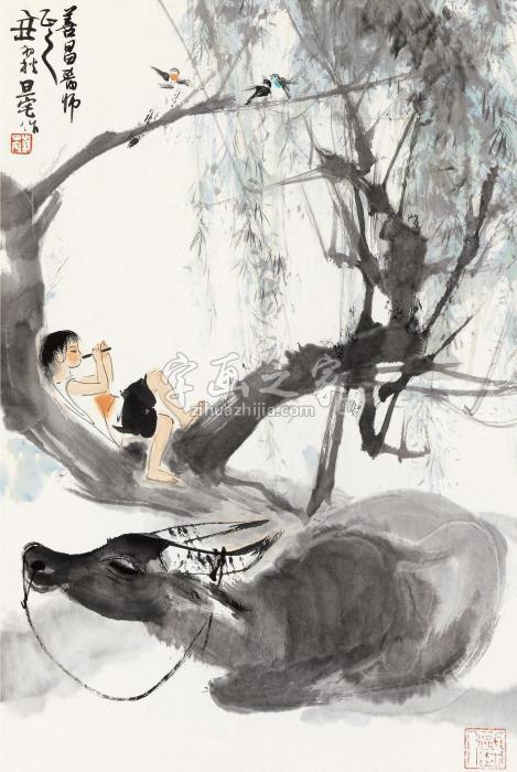 刘旦宅乙丑（1985）年作牧牛图立轴设色纸本字画之家