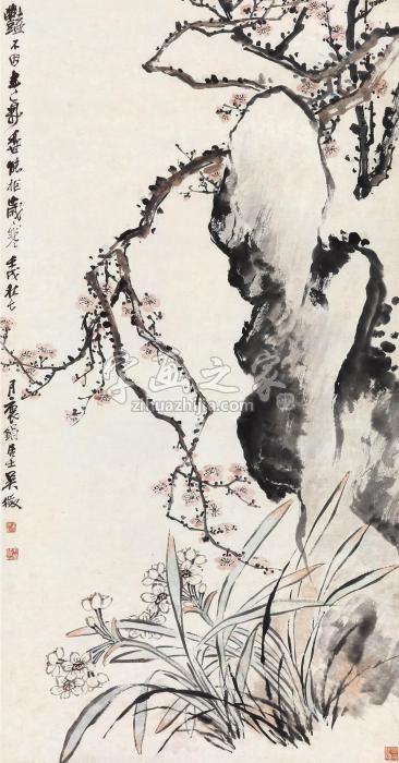 吴徵1922年作梅花水仙图镜片设色纸本字画之家