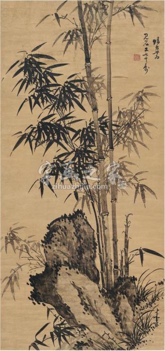 归昌世竹石图立轴水墨洒金纸本字画之家