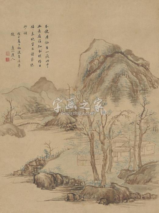 王宸1768年作溪桥村居图镜片设色纸本字画之家