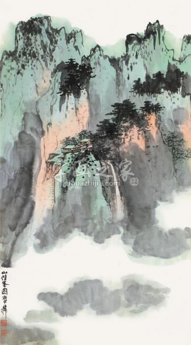 谢稚柳庚申（1980）年作山馆峰围镜框设色纸本字画之家