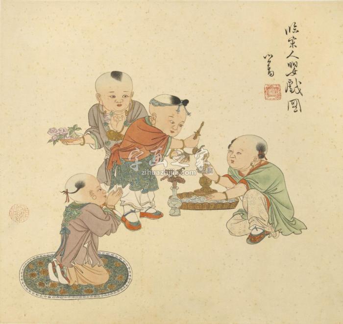 溥儒婴戏图镜片设色绢本字画之家
