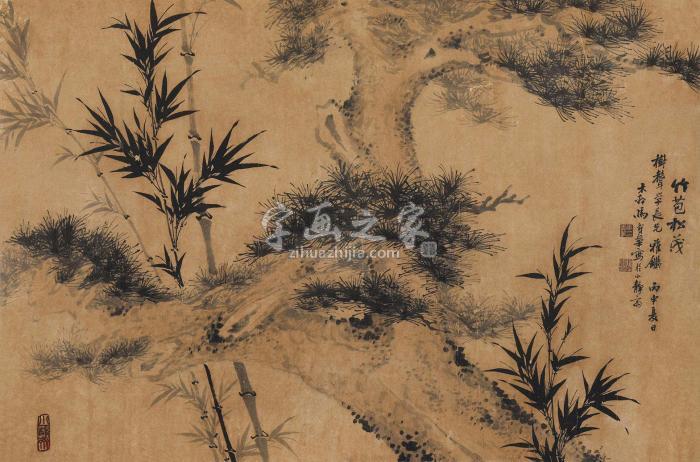 马寿华丙申（1956）年作竹苞松茂镜片水墨纸本字画之家