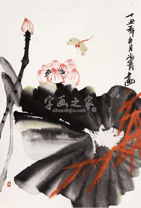 叶尚青荷花图立轴设色纸本字画之家