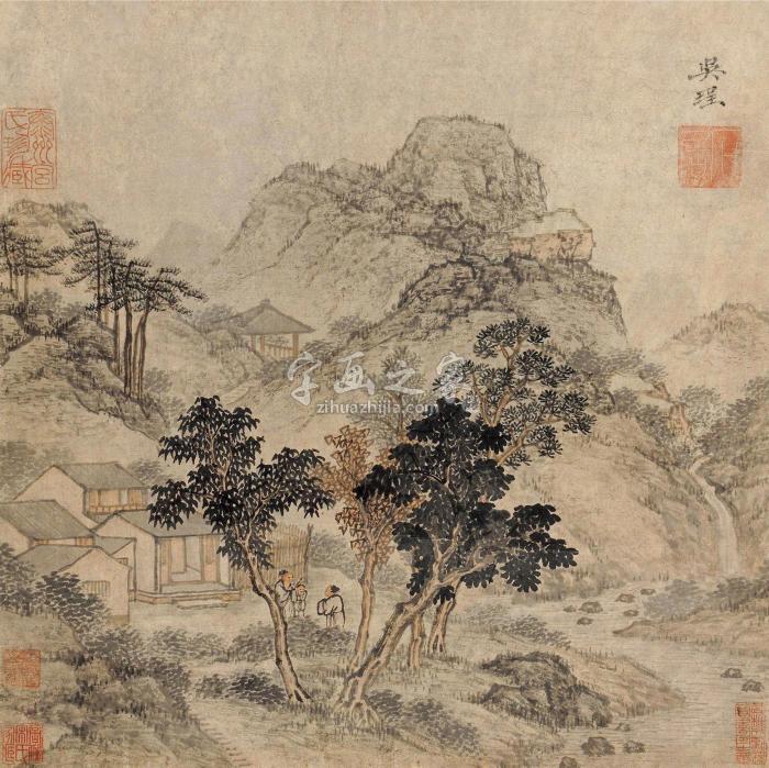 吴珵秋山访友立轴设色纸本字画之家