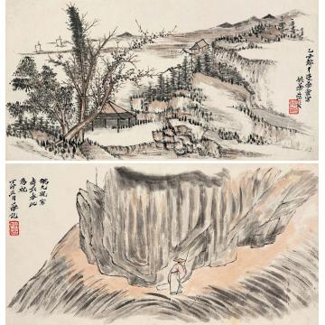 姚华丁卯（1927年）作山水（二帧）立轴纸本