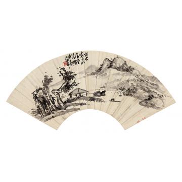 蒲华庚子（1900年）作古木岩泉扇面纸本