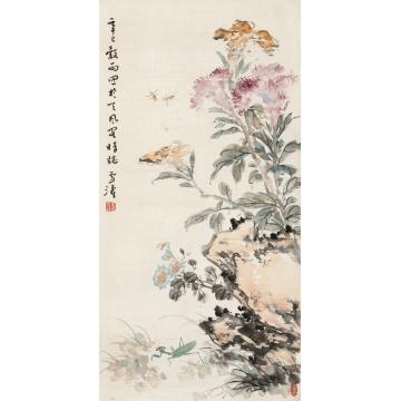 王雪涛辛巳（1941年）作花石戏虫镜心纸本