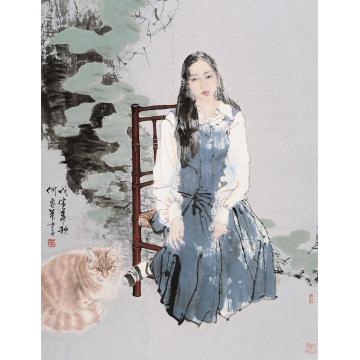 何家英少女与猫镜心设色纸本