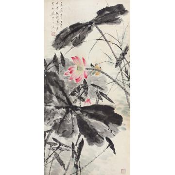 唐云1956年作荷花小鸟立轴纸本设色