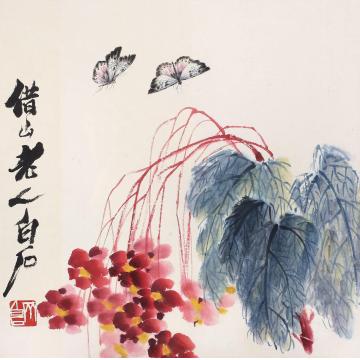 齐白石花开蝶舞镜心纸本设色
