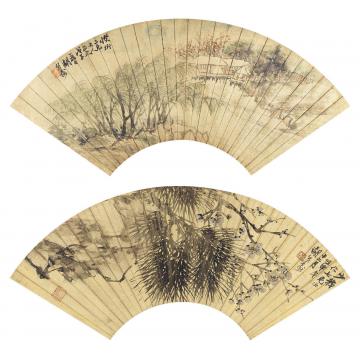 胡公寿戊午（1858）年作、壬申（1872）年作山水松梅（两帧）镜片