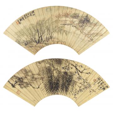胡公寿戊午（1858）年作、壬申（1872）年作山水松梅（两帧）镜片