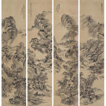 邓如琼壬寅（1842）年作山水四屏立轴设色纸本