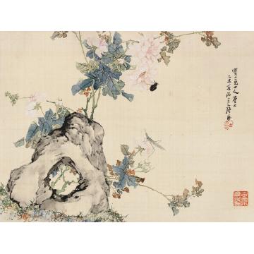 居廉乙未（1895）年作花卉草虫镜片设色绢本