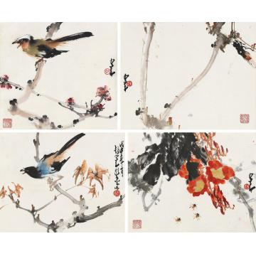 赵少昂戊申（1968）年作花鸟草虫（四帧）镜片设色纸本