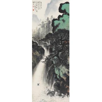 黎雄才1975年作松瀑鸣禽镜片设色纸本