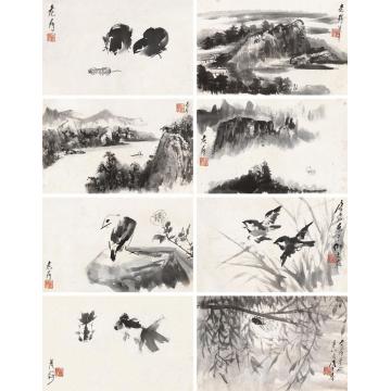 唐云戊午（1978）年作山水花鸟册册页（八开）水墨纸本